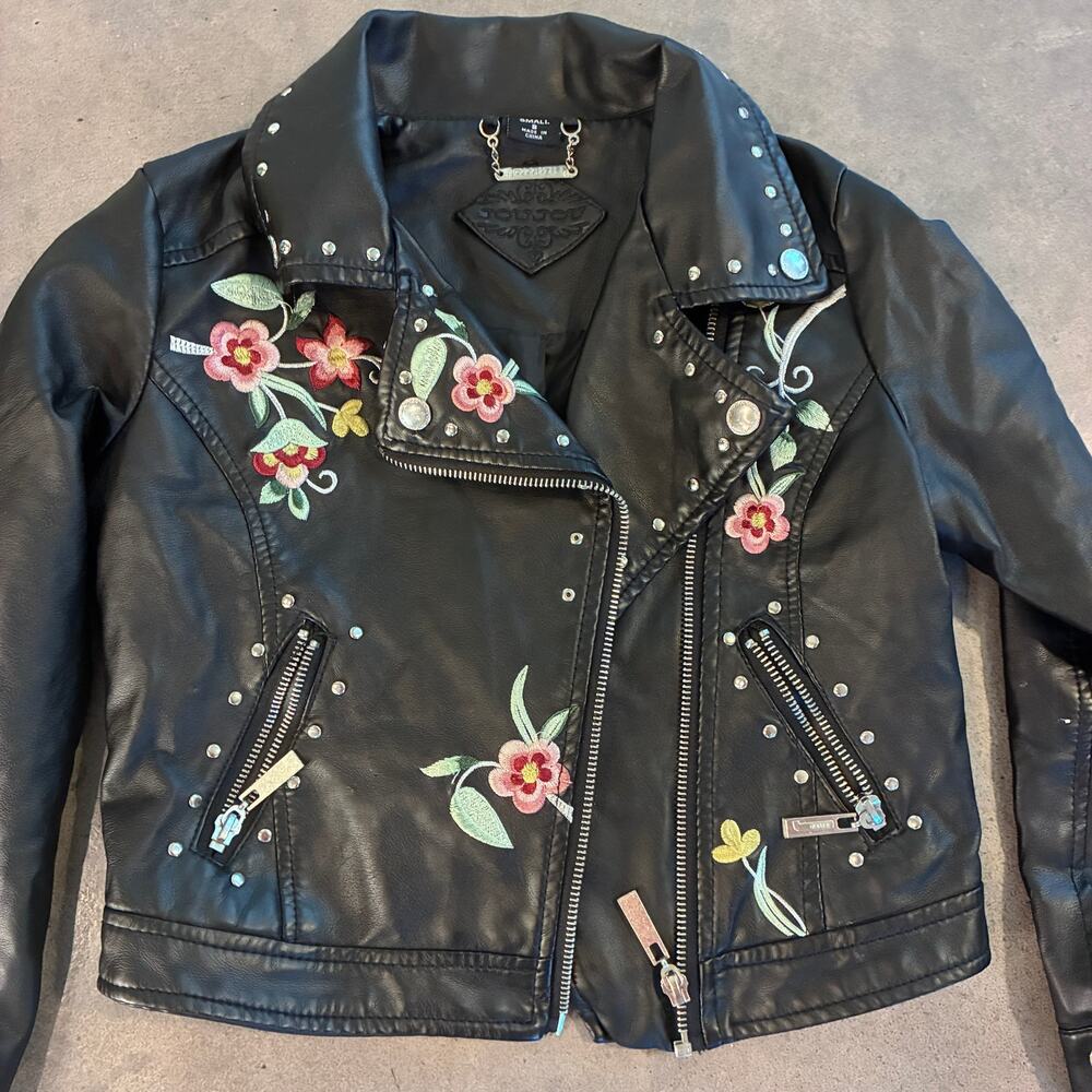 Joujou black leather floral embroidered Moto Jacket youth girls size small